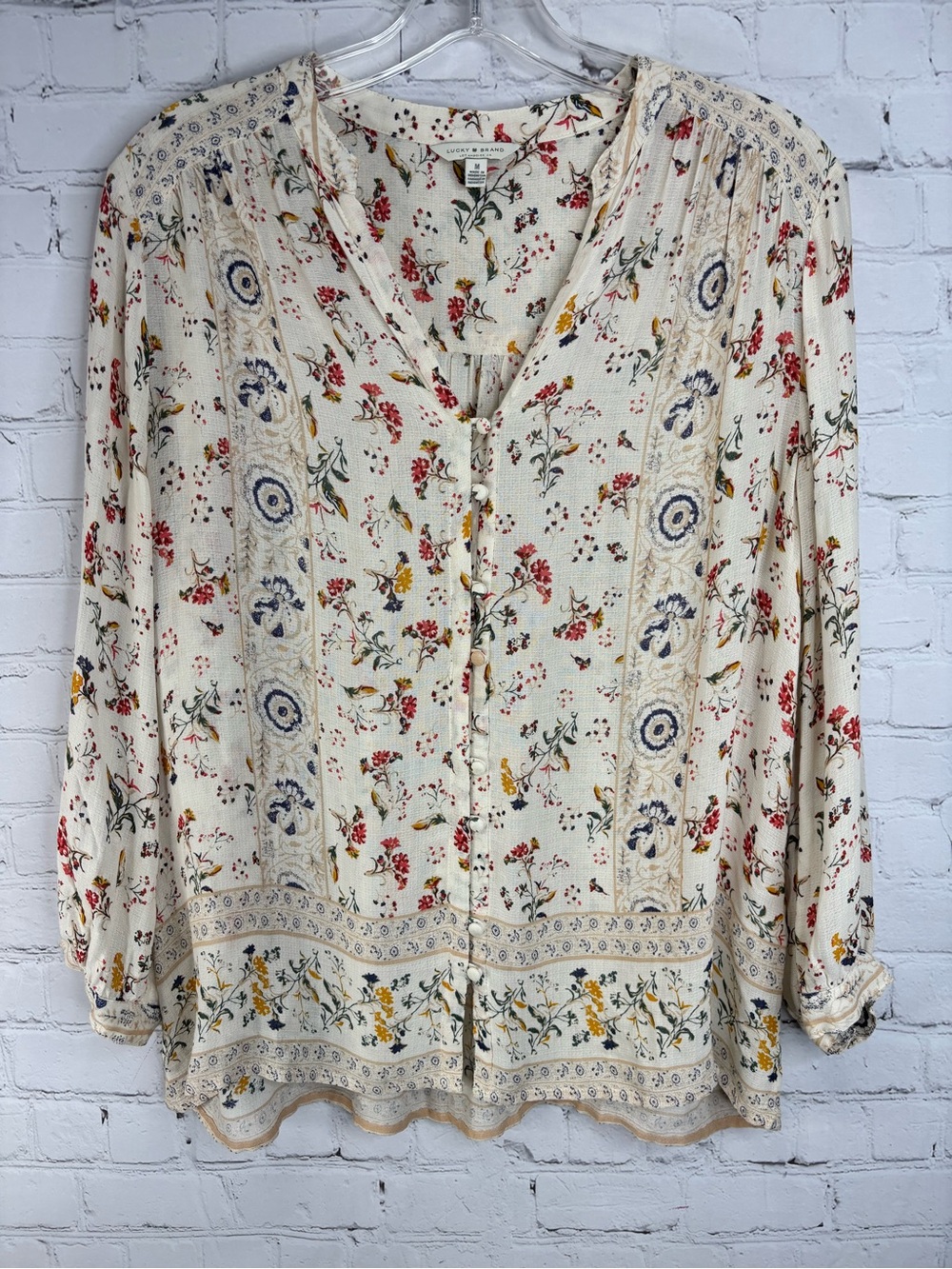 Lucky Brand Boho Floral Button-Front Peasant Top - Cream Floral